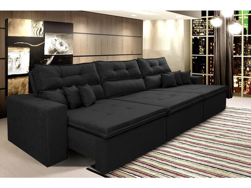 Sofá Cairo 4,12m Retrátil, Reclinável Tecido Suede Preto Cama Inbox