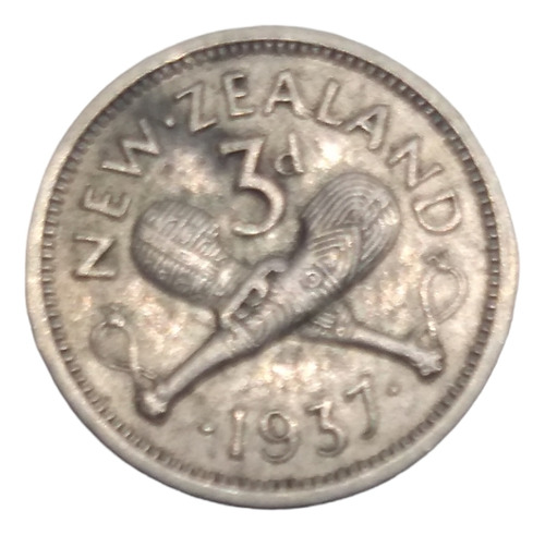 Moneda Nueva Zelanda 3 Peniques Plata Ley 500 Año 1937