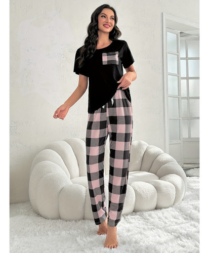 Pijama De Manga Corta A Cuadros Estampado A La Moda