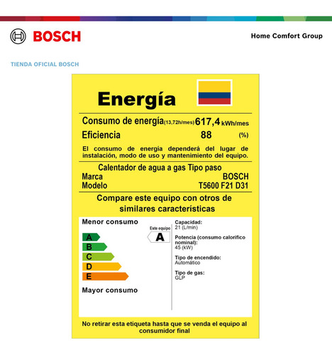 Calentador De Agua 21l Tiro Forzado A Glp Therm 5600 F Bosch