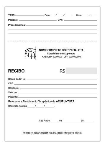 Talão Bloco Recibo, Acupuntura - 100 Folhas Com Canhoto