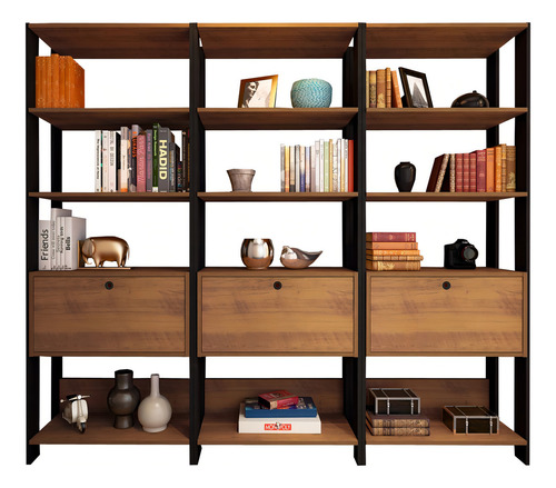 Conjunto Estantes Para Livros Future 3 Portas Basculantes 9 Cor Marrom-claro