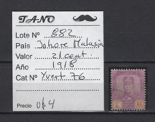 Lote882 Johore Malasia 21 Cent. Año 1918 Yvert# 76