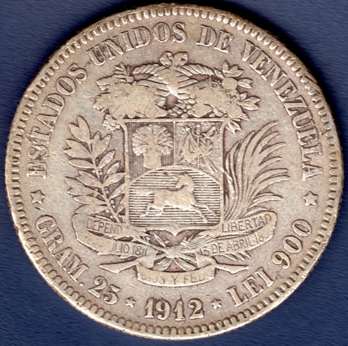 Moneda De 5 Bolívares De 1912 Fuerte De Plata