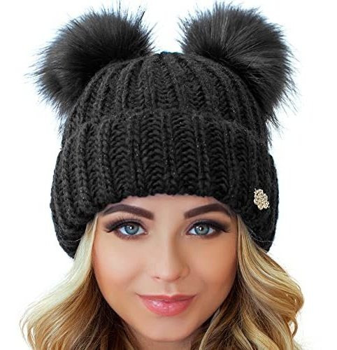 Braxton Beanie Women - 2 Pom Ears Cable Knit Winter Warm Fle