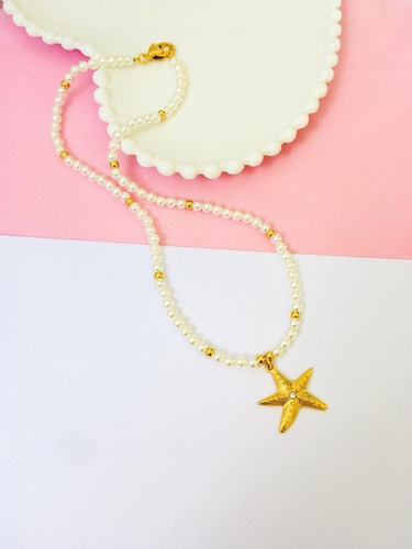 Imagem 5 de 5 de Colar Feminino Dourado Pérola Estrela Do Mar Praiana