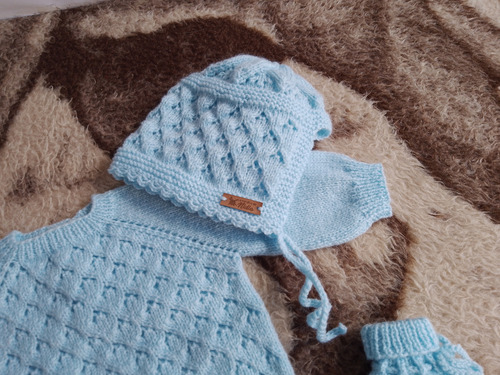 Body, Gorrita Y Escarpines Bebé Manga Larga Tejido Celeste 1-3 M