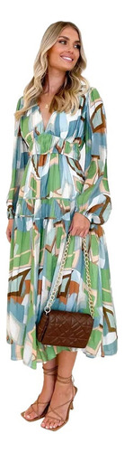Vestido Midi Floral De Verano Para Mujer Boho Recogido En La