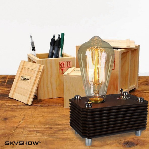 Imagem 5 de 10 de Abajur Box Vintage Madeira + Lampada Retrô Industrial 110 V