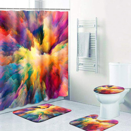Cortina De Baño Con Tapetes Diseño Abstracto Multicolor 4 Pz
