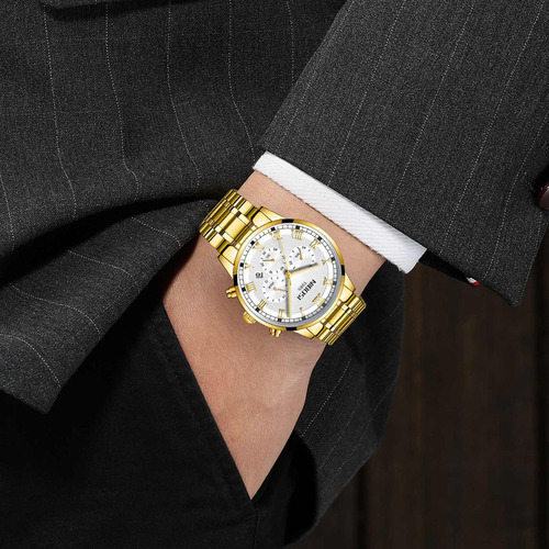Reloj Nibosi Business Chronograph para hombre, luminoso, color de fondo dorado/blanco