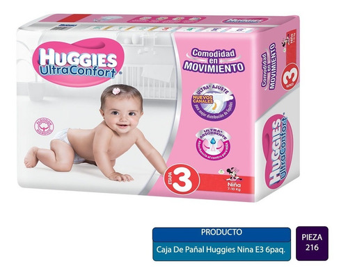 Caja De Pañal Huggies Nina E3 Con 6 Paquetes (216 Pzas)