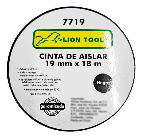 Cinta De Aislar 19 Mm X 18 Metros Negro 7719 Lion Tools