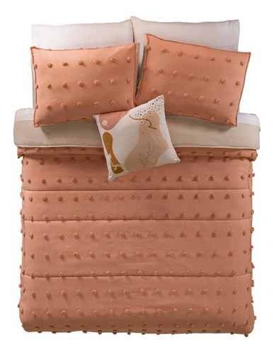 Colcha King Size Rosa Con Pompones C/ Fundas Y Cojin