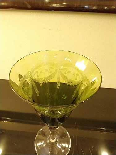 Antigua Copa De Colección Verde Grabada Al Ácido 16 Cm