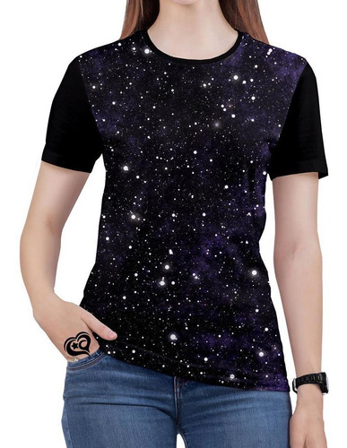 Camiseta Galaxia Feminina Planeta Espaco Blusa Preto