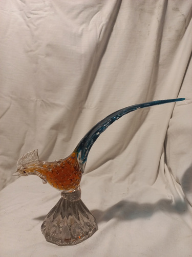 Figura De Ave En Cristal De Murano, En Tonos Naranja Y Azul