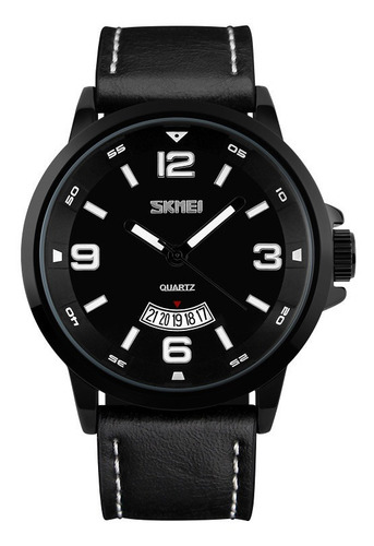 Reloj Caballero Cuero Negro Casual Numeros Skmei Contra Agua