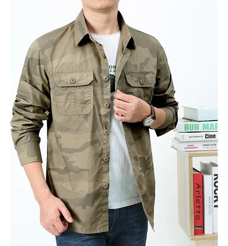 Camisas De Manga Larga Green Cargo Para Hombre, Camuflaje Tá