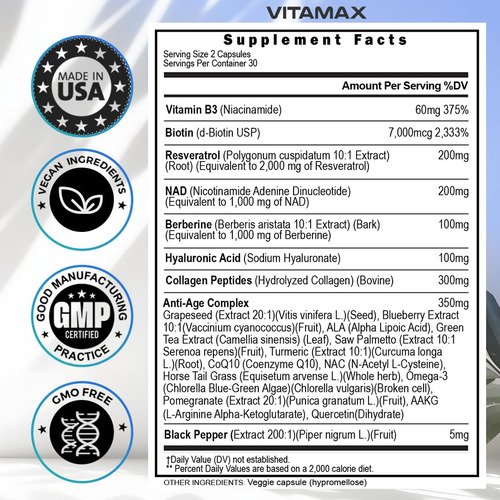 Suplemento Vitamax Resveratrol Nad+ácido Hialurônico Berberi