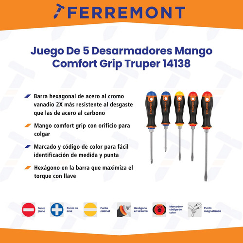 Juego De 5 Desarmadores Mango Comfort Grip Truper 14138