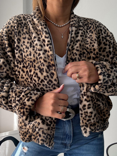 Campera Bomber Animal Print Piel Amplia Tendencia Mujer