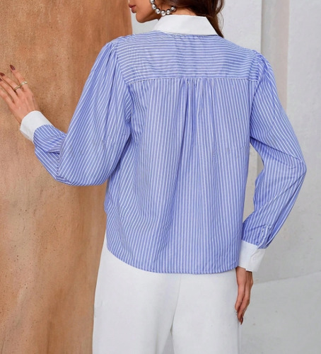 Camisa De Manga Larga A Rayas De Color Con Cuello Para Mujer