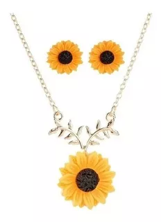 Collar Aretes Gargantilla Dije Girasol Color Oro Para Mujer