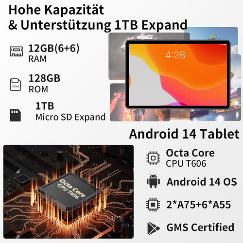Android 14 Tablet, 11inch Tablets, 12gb Ram+128gb Rom