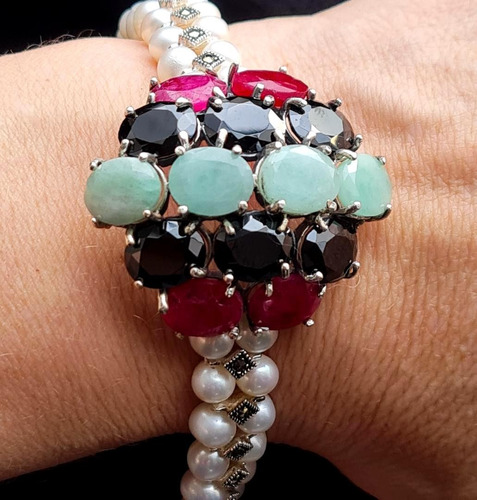 Pfh2-pulseira Prata 925 Rubi Esmeralda Ônix Pérola Natural