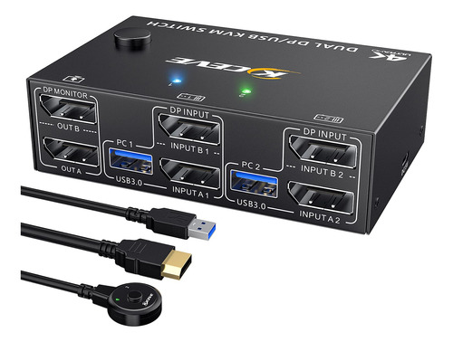 Conmutador Kvm Usb 3.0 Displayport De 8k 2 Monitores, 2 Comp