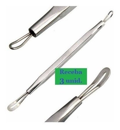 Imagem 2 de 10 de Extrator Cravos Comedões Cureta Alça Dupla Aço Inox Kit 3 Un