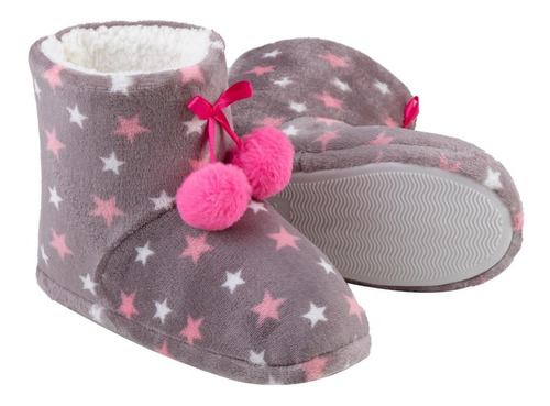 Pantufa Feminina Botinha Adulto Cano Alto Estrelas E Pompom