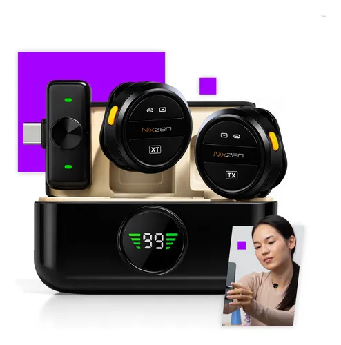 Microfone Lapela Redondo Sem Fio Duplo Anti Ruído Tipo C P/ Android E iPhone 15 16 17 Com Caixinha Para Carregamento Cor Preto Nixzen