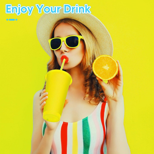Vasos Reutilizables De 24 Oz Con Tapa Y Popote, 15 Piezas Color Amarillo