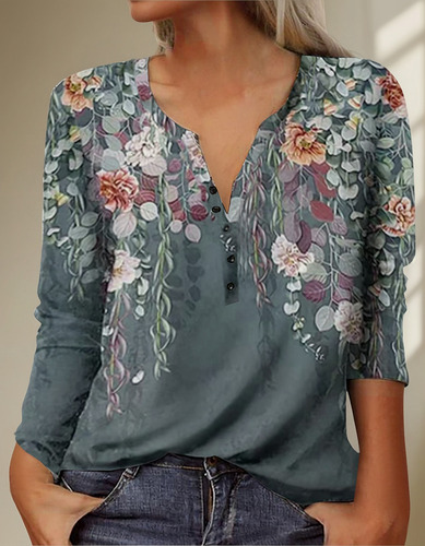 Blusa Delgada Con Botones De Manga Larga Con Estampado Para