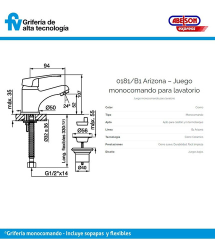 Juego Grifería Fv Arizona Ducha Embutir Lavatorio Monocom C
