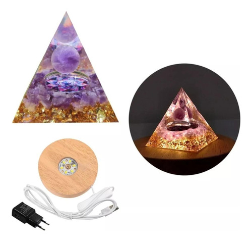 Pirâmide Orgonite Esfera De Ametista Cristal C/ Base De Led