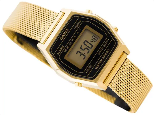 Reloj Casio Retro Dama La690 Negro Acero Inoxidable Tejido Color De La Correa Dorado