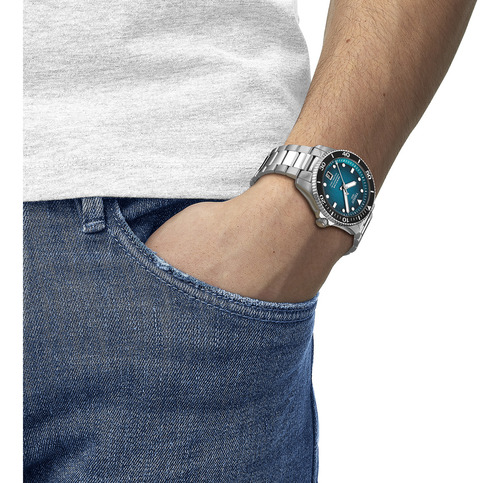Reloj Hombre Tissot T120.807.11.091.00 Seastar 1000 Correa Plateado Bisel Plateado Fondo Azul