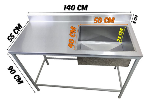 Imagen 3 de 3 de Mesada Acero Inoxidable 140x55cm C/ Bacha Derecha Y Zocalo