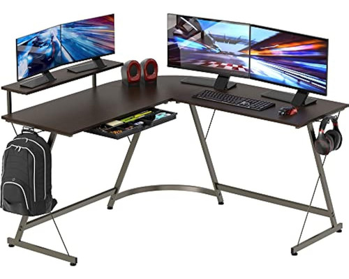 Shw Vista L-shape Desk With Monitor Stand, Espresso