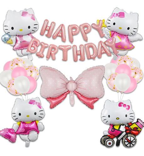 Set Globos Feliz Cumpleaños Hello Kitty Rosa Metalicos 24pzs