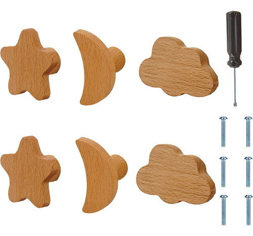 6 Pieces Cabinet Knobs Moon Star Cloud Wood Design Drawer Ha