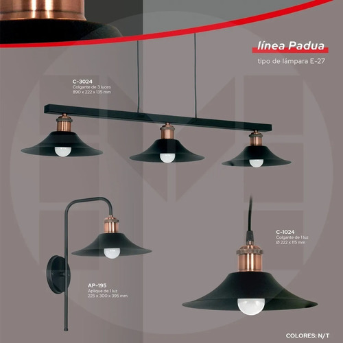 Lampara Colgante Padua 3 Luces Pantalla China Negra / Cobre Apto Led E27 - Altura Regulable
