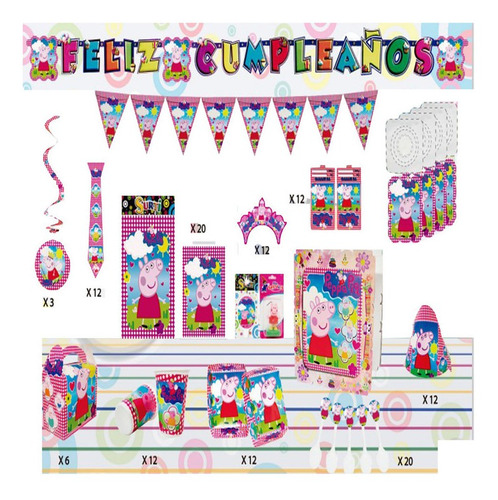 Set Kit Decoración Niñas Fiesta Peppa 36 Invitados + Regalo