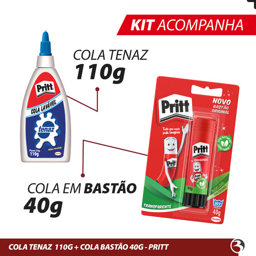 Cola Bastão Pritt 40g + Cola Branca Tenaz 110g Lavável