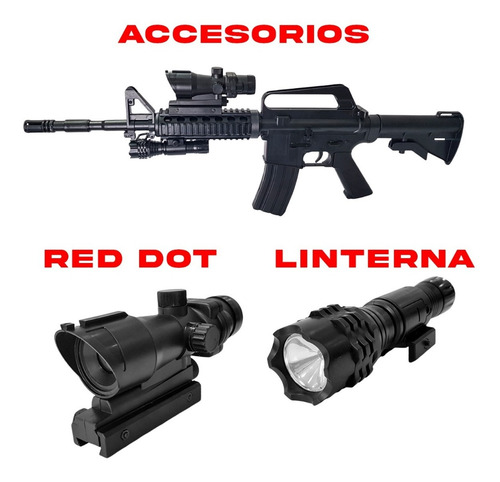 Imagen 2 de 10 de Rifle Airsoft M4 Replica Resorte 6 Mm Mira Red Dot Linterna