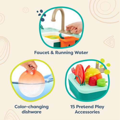 B Toys - Set Juego De Fregadero Realista Con Agua, 18 Piezas