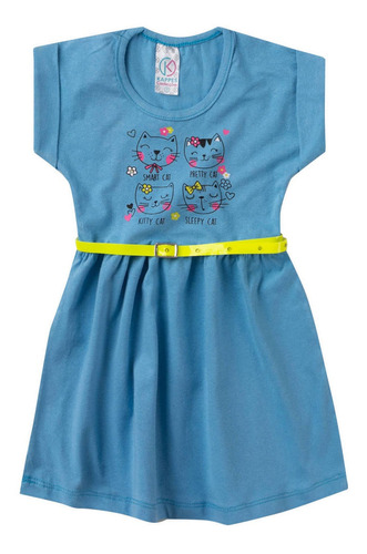 Vestido Infantil Para Bebê Com Cinto Gatinhos Azul